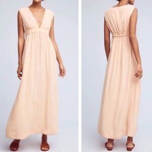 Anthropologie The Odells Loretta Dress Peach Pink Deep V Maxi Size S Small